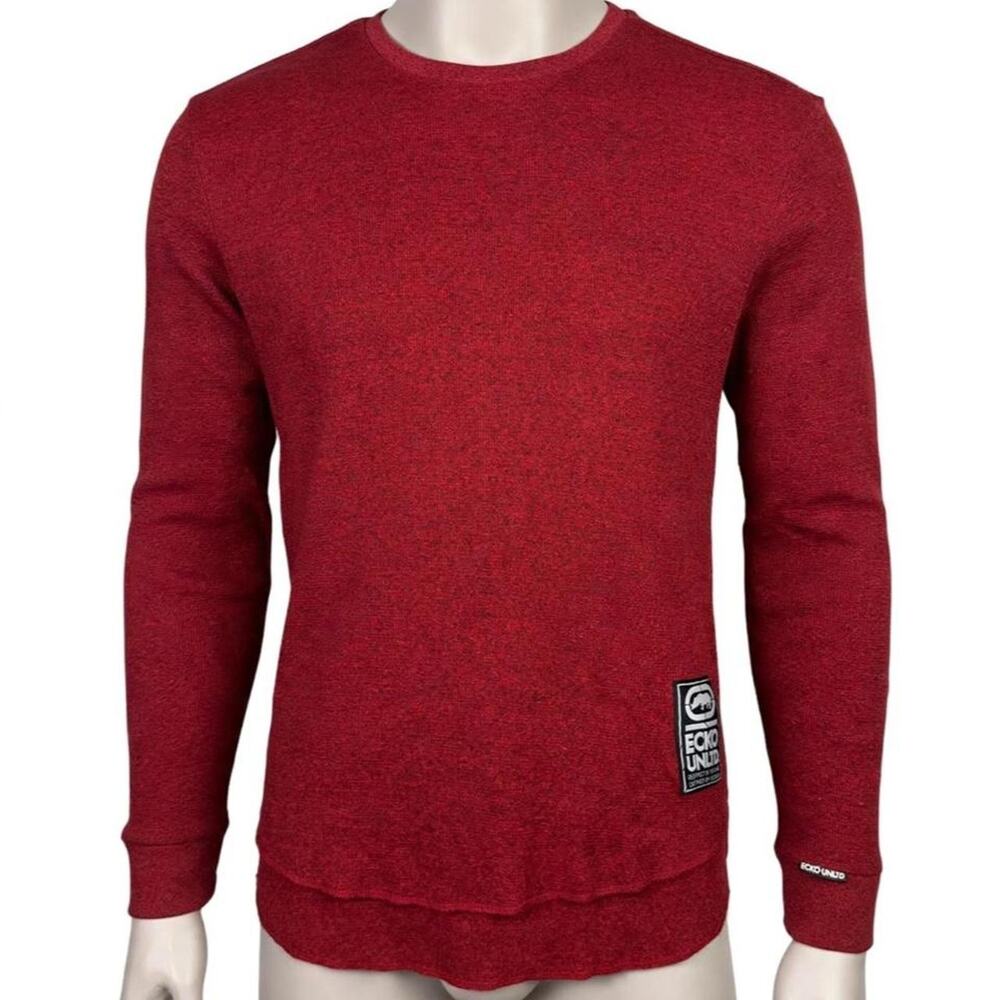 Ecko Unltd Mens Thermal Long Sleeve Shirt XL Red Marl Waffle Knit Y2K Patch XL